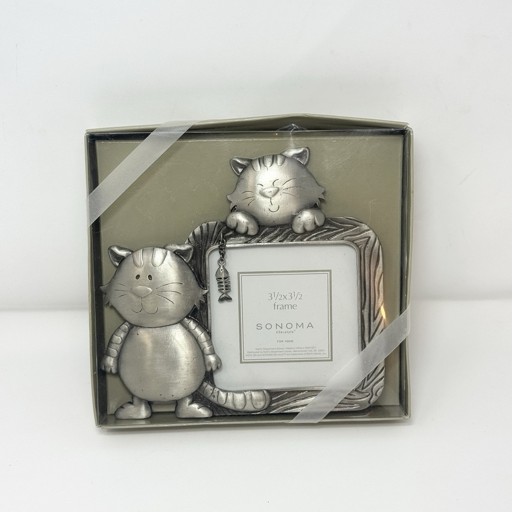 Sonoma Cat Photo Frame Silver Tone Picture Frame 3.5" x 3.5" Fish Cat Lover